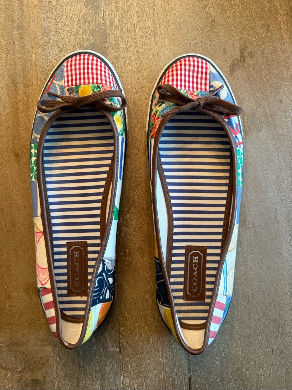 COACH Multi-Color Patchwork Ballet Flats with Brown Trim
